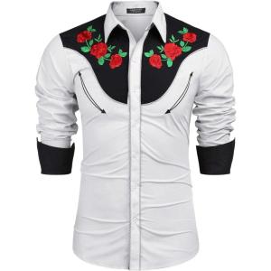 imageCOOFANDY Mens Western Cowboy Shirt Long Sleeve Slim Fit Rose Embroidered Cotton Casual Button Down ShirtsWhite and Black Retro Rose