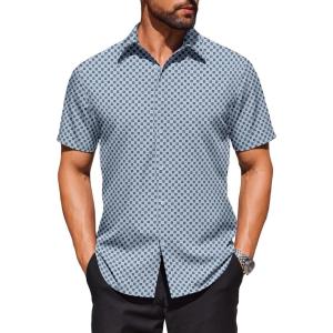 imageCOOFANDY Mens Wrinkle Free Dress Shirt Polka Dot Short Sleeve Button Down Business Casual ShirtsLight Bluerhombus