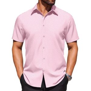 imageCOOFANDY Mens Wrinkle Free Dress Shirt Polka Dot Short Sleeve Button Down Business Casual ShirtsPinksymbol