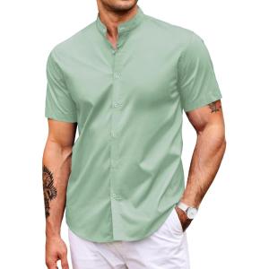 imageCOOFANDY Muscle Fit Dress Shirts for Men Banded Collar Casual Button Down ShirtsLight Green