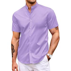 imageCOOFANDY Muscle Fit Dress Shirts for Men Banded Collar Casual Button Down ShirtsLilac