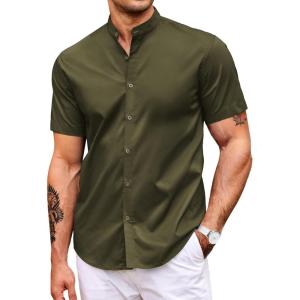 imageCOOFANDY Muscle Fit Dress Shirts for Men Banded Collar Casual Button Down ShirtsOlive Green