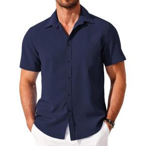 imageCOOFANDY Shirts for Men Short Sleeve Button Down Shirt Casual Summer Beach ShirtNavy Blue