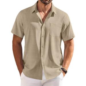 imageCOOFANDY Shirts for Men Short Sleeve Button Down Shirt Casual Summer Beach ShirtsKhaki