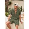 imageCOOFANDY Men Linen Sets Outfits 2 Piece Short Sleeve Cuban Shirts Guayabera Linen SuitArmy Green