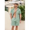 imageCOOFANDY Men Linen Sets Outfits 2 Piece Short Sleeve Cuban Shirts Guayabera Linen SuitLight Green