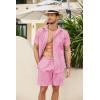 imageCOOFANDY Men Linen Sets Outfits 2 Piece Short Sleeve Cuban Shirts Guayabera Linen SuitPink