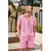 imageCOOFANDY Men Linen Sets Outfits 2 Piece Short Sleeve Cuban Shirts Guayabera Linen SuitPink