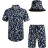 imageCOOFANDY Mens Hawaiian Shirt and Short Set Flower 2pieces Beach Outfit with Bucket HatsBlue White Leaves