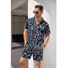 imageCOOFANDY Mens Hawaiian Shirt and Short Set Flower 2pieces Beach Outfit with Bucket HatsBlue White Leaves