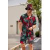 imageCOOFANDY Mens Hawaiian Shirt and Short Set Flower 2pieces Beach Outfit with Bucket HatsRed Leaves