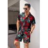 imageCOOFANDY Mens Hawaiian Shirt and Short Set Flower 2pieces Beach Outfit with Bucket HatsRed Leaves