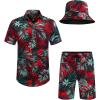 imageCOOFANDY Mens Hawaiian Shirt and Short Set Flower 2pieces Beach Outfit with Bucket HatsRed Leaves