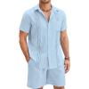 imageCOOFANDY Men Linen Sets Outfits 2 Piece Short Sleeve Cuban Shirts Guayabera Linen SuitSky Blue