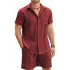 imageCOOFANDY Men Linen Sets Outfits 2 Piece Short Sleeve Cuban Shirts Guayabera Linen SuitWine Red