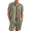 imageCOOFANDY Mens 2 Piece Short Set Cuban Guayabera Shirts Short Sleeve Casual Beach Outfits SetArmy Green
