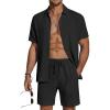 imageCOOFANDY Mens 2 Piece Textured Outfits Beach Button Down Short Sleeve Shirt and Short SetsBlack