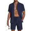 imageCOOFANDY Mens 2 Piece Textured Outfits Beach Button Down Short Sleeve Shirt and Short SetsNavy Blue