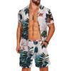 imageCOOFANDY Mens Hawaiian Matching Shirt and Shorts Set Summer Beach 2 Piece Outfits Short Sleeve Cuban Shirts and ShortsLeaveswhite