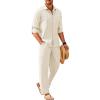 imageCOOFANDY Mens Linen Sets 2 Piece Long Sleeve Button Down Cuban Shirt and Pants Set Summer Beach Set OutfitsBeige