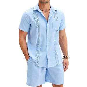 imageCOOFANDY Men Linen Sets Outfits 2 Piece Short Sleeve Cuban Shirts Guayabera Linen SuitLight Blue
