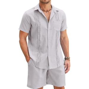 imageCOOFANDY Men Linen Sets Outfits 2 Piece Short Sleeve Cuban Shirts Guayabera Linen SuitLight Gray