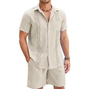 imageCOOFANDY Men Linen Sets Outfits 2 Piece Short Sleeve Cuban Shirts Guayabera Linen SuitLight Khaki
