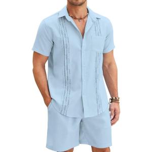 imageCOOFANDY Men Linen Sets Outfits 2 Piece Short Sleeve Cuban Shirts Guayabera Linen SuitSky Blue