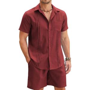 imageCOOFANDY Men Linen Sets Outfits 2 Piece Short Sleeve Cuban Shirts Guayabera Linen SuitWine Red
