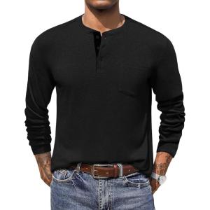 imageCOOFANDY Men Long Sleeve Henley TShirs Casual Basic Lightweight Fashion Shirts Soild Tees with PocketsBlack