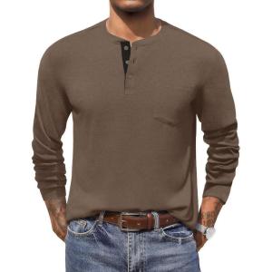 imageCOOFANDY Men Long Sleeve Henley TShirs Casual Basic Lightweight Fashion Shirts Soild Tees with PocketsBrown