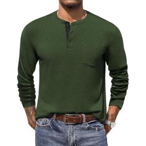 imageCOOFANDY Men Long Sleeve Henley TShirs Casual Basic Lightweight Fashion Shirts Soild Tees with PocketsGreen