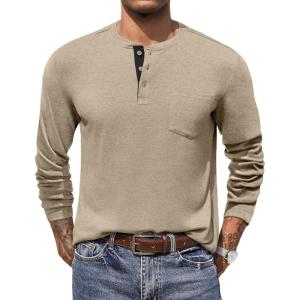 imageCOOFANDY Men Long Sleeve Henley TShirs Casual Basic Lightweight Fashion Shirts Soild Tees with PocketsKhaki