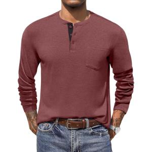 imageCOOFANDY Men Long Sleeve Henley TShirs Casual Basic Lightweight Fashion Shirts Soild Tees with PocketsPurple Red