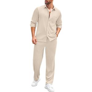 imageCOOFANDY Mens 2 Piece Outfits Casual Long Sleeve Button Down Shirt and Pants Sets Loungewear Streetwear Walking Suits