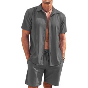 imageCOOFANDY Mens 2 Piece Short Set Cuban Guayabera Shirts Short Sleeve Casual Beach Outfits SetDark Gray