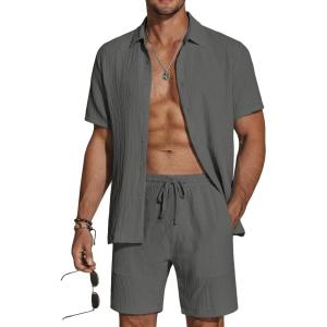 imageCOOFANDY Mens 2 Piece Textured Outfits Beach Button Down Short Sleeve Shirt and Short SetsDark Gray