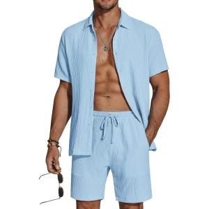 imageCOOFANDY Mens 2 Piece Textured Outfits Beach Button Down Short Sleeve Shirt and Short SetsLight Blue