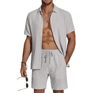 imageCOOFANDY Mens 2 Piece Textured Outfits Beach Button Down Short Sleeve Shirt and Short SetsLight Gray