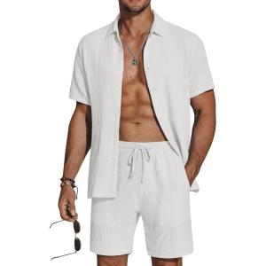 imageCOOFANDY Mens 2 Piece Textured Outfits Beach Button Down Short Sleeve Shirt and Short SetsWhite
