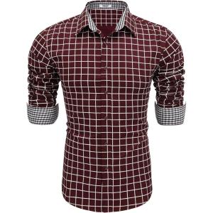 imageCOOFANDY Mens Business Dress Shirt Long Sleeve Slim Fit Casual Button Down ShirtWine Red  Windowpane