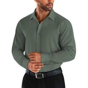 imageCOOFANDY Mens Business Dress Shirts Wrinkle Free Long Sleeve Regular Fit Dress Shirt Textured Casual Button Down ShirtsArmy Green