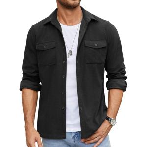 imageCOOFANDY Mens Button Down Waffle Shirt Jacket Casual Long Sleeve Shacket Lightweight Overshirts with Flap PocketsBlack