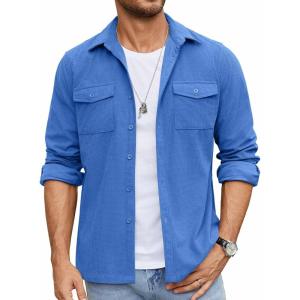 imageCOOFANDY Mens Button Down Waffle Shirt Jacket Casual Long Sleeve Shacket Lightweight Overshirts with Flap PocketsBlue