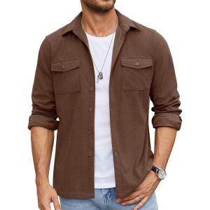 imageCOOFANDY Mens Button Down Waffle Shirt Jacket Casual Long Sleeve Shacket Lightweight Overshirts with Flap PocketsBrown