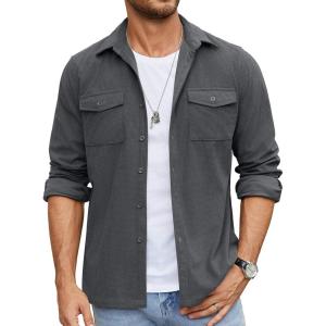 imageCOOFANDY Mens Button Down Waffle Shirt Jacket Casual Long Sleeve Shacket Lightweight Overshirts with Flap PocketsDark Gray