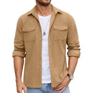 imageCOOFANDY Mens Button Down Waffle Shirt Jacket Casual Long Sleeve Shacket Lightweight Overshirts with Flap PocketsKhaki