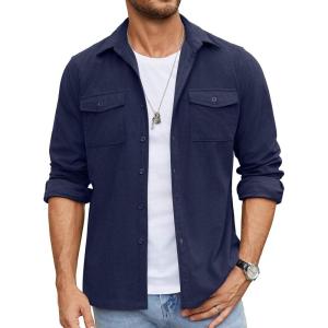 imageCOOFANDY Mens Button Down Waffle Shirt Jacket Casual Long Sleeve Shacket Lightweight Overshirts with Flap PocketsNave Blue