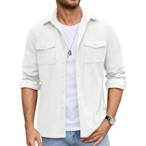 imageCOOFANDY Mens Button Down Waffle Shirt Jacket Casual Long Sleeve Shacket Lightweight Overshirts with Flap PocketsWhite