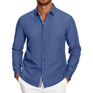imageCOOFANDY Mens Casual Button Down Shirt Untucked Long Sleeve Stretch Denim Dress ShirtDenim Blue